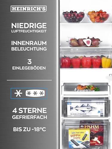 Heinrich´s Kühlgefrierkombination 173L Gesamtvolumen, 121L Kühlvolumen, 52L Gefriervolumen, LED Beleuchtung,Türanschlag wechselbar, leise 40dB, große Tiefkühlboxen, 7Temperaturstufen,inox