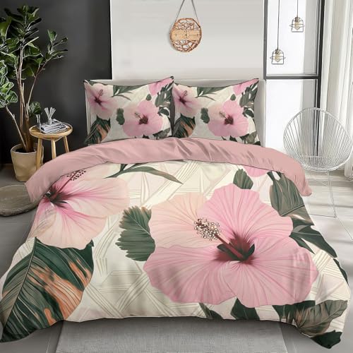 Juego De Ropa De Cama De Hojas De Hibisco Impresión 3D,Juego De Ropa De Cama De Plantas Tropicales 3 Piezas,Juego De Funda De Edredón De Microfibra con Cremallera 220X260Cm Verde Crema