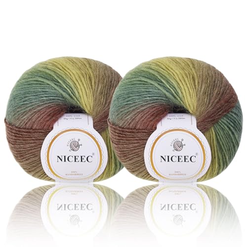 Image of NICEEC 2 Skeins Rainbow Soft Yarn 100% Wool Gradient Multi Color Yarn for Crocheting Knit Total Length 180mx2(196ydsx2,50gx2)-15#