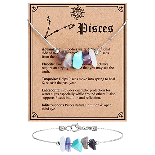 MJartoria Natural Stone Zodiac Sign Choker Necklace and Bracelet for Women Horoscope Healing Stone Astrology Jewelry Birthday Gifts Silvery (Pisces(2.19-3.20))