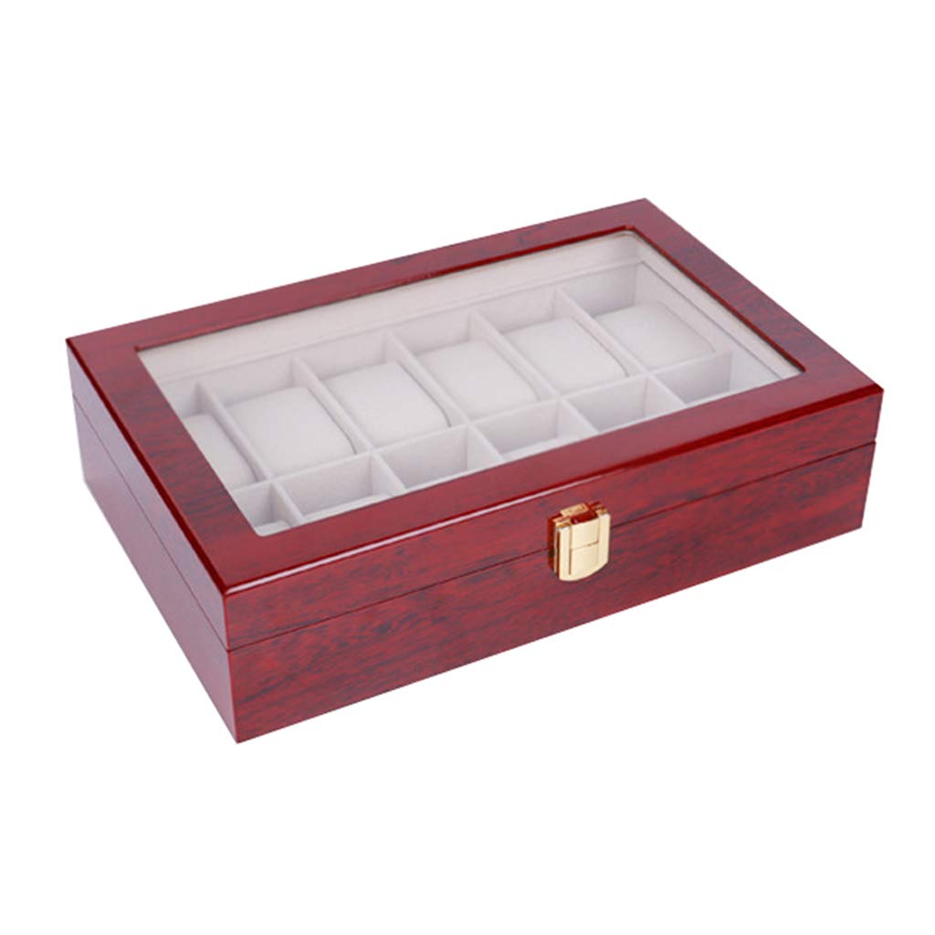Caja de reloj de madera con 12 ranuras para reloj, caja de almacenamiento para exhibición de joyas con almohada de almacenamiento extraíble, organizador de vitrina, tapa de vidrio y hebilla de metal