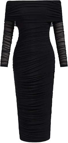 winkbay Women's Off The Shoulder Mesh Sheer Dress Long Sleeve Ruched Party Bodyc