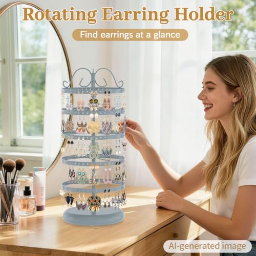 Image of MODOWEY Rotating Earring Holder Organizer Stand, 5 Tier Metal Tree Display for Women Vendors, 220 Holes Adjustable Jewelry rack for Stud Hoop Dangle Storage, Trendy Carousel Keeps Dresser Neat, Gray
