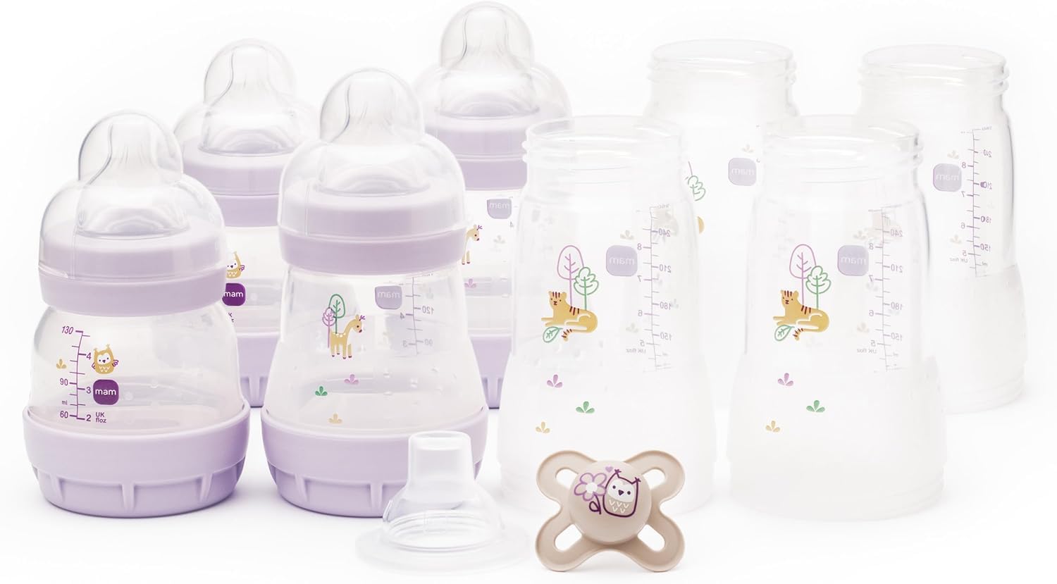 Easy Start Anti-Colic Bottle Starter Set | Includes 4X Feeding Bottles and MAM Original Start 0-2 Month Soother | Self-Sterilising | Baby Gift Set of Newborn Essentials | Lilac (Various Designs)
