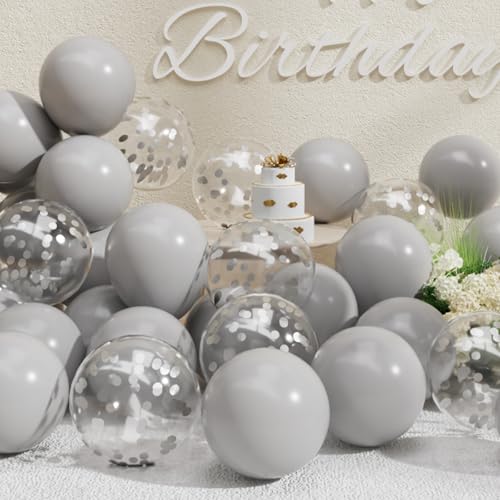 Image of SUWEN 47PCS Gray Latex Balloons and Grey Confetti Balloons Set | Helium Matte Balloon for Birthday Anniversary Wedding Party Decorations