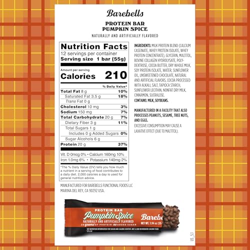 Image of Barebells Protein Bars Pumpkin Spice - 12 Count, 20g High Protein Treats - Seasonal Pumpkin Spice Nutrition Bar with Low Sugar - On-The-Go Breakfast or Post-Workout Snack