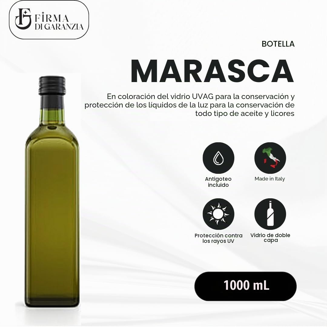 12 botellas para aceite y licor de 1000 ml – Marasca Quadre Vacías de cristal oscuro Uvag con dosificador de aceite antigoteo y tapón hermético – Fabricado en Italia – Uso profesional y doméstico