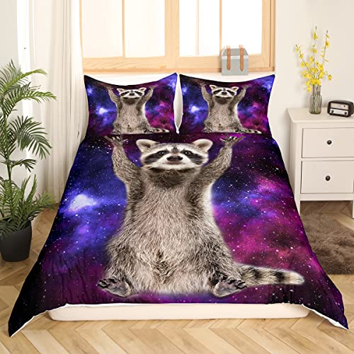 Homewish Raccoon Duvet Cover Galaxy Bedding Set King Size,Boys Starry Sky Comforter Cover Set for Child Teens Youth Man,Ferret Quilt Cover Wild Animal Bedroom Decor Blue Purple - Image 3