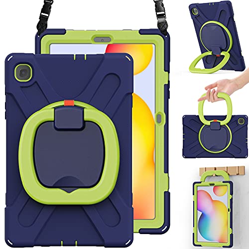BRAECN Silicone Case for Samsung Galaxy Tab S6 Lite 10.4 Inch 2022/2020, Heavy Duty Rugged Case with Handle Grip, Shoulder Strap, Stable Kickstand, S Pen Holder, Navy+Green