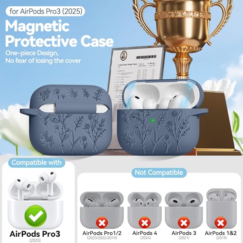 Image of for Airpods Pro 3 Case with Magnetic Lid, Flower Engraved Cases for Apple AirPods Pro 3rd Generation 2025, Soft Silicone Cover for Women Girly with Cleaner & Keychain, Shockproof