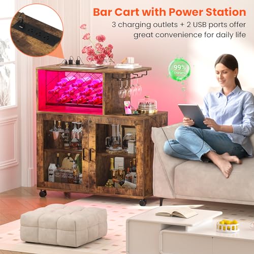 Wine-Bar-Cabinet-with-Wheels-Small-Liquor-Cabinet-with-LED-Light-Home-Bar-Cart-with-Power-Outlets-Coffee-Bar-with-Wine-Rack-Glasses-Storage-for-Kitchen-Dining-Room-Living-Room-Vintage Wine Bar Cabinet with Wheels Small Liquor Cabinet with LED Light Home Bar Cart with Power Outlets Coffee Bar with Wine Rack Glasses Storage for Kitchen Dining Room Living Room Vintage