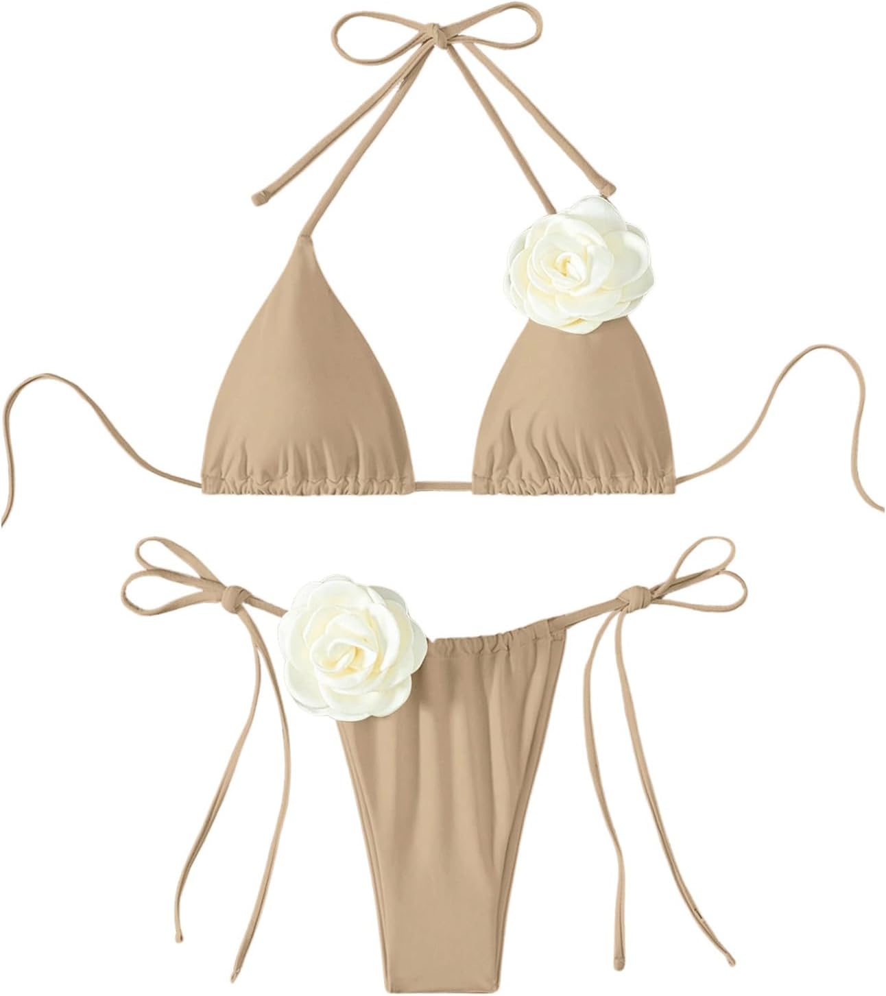 OYOANGLE Women's Bikini Set 2 Piece Floral Appliques Tie Backless Halter Triangle Swimsuit Tie Side Bathing Suits Large Khaki