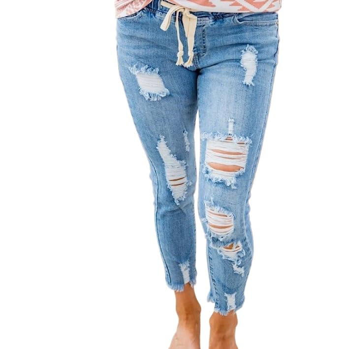 High Waisted Ripped Hole Elastic Waist Boyfriend Jeans for Women, with Pockets
