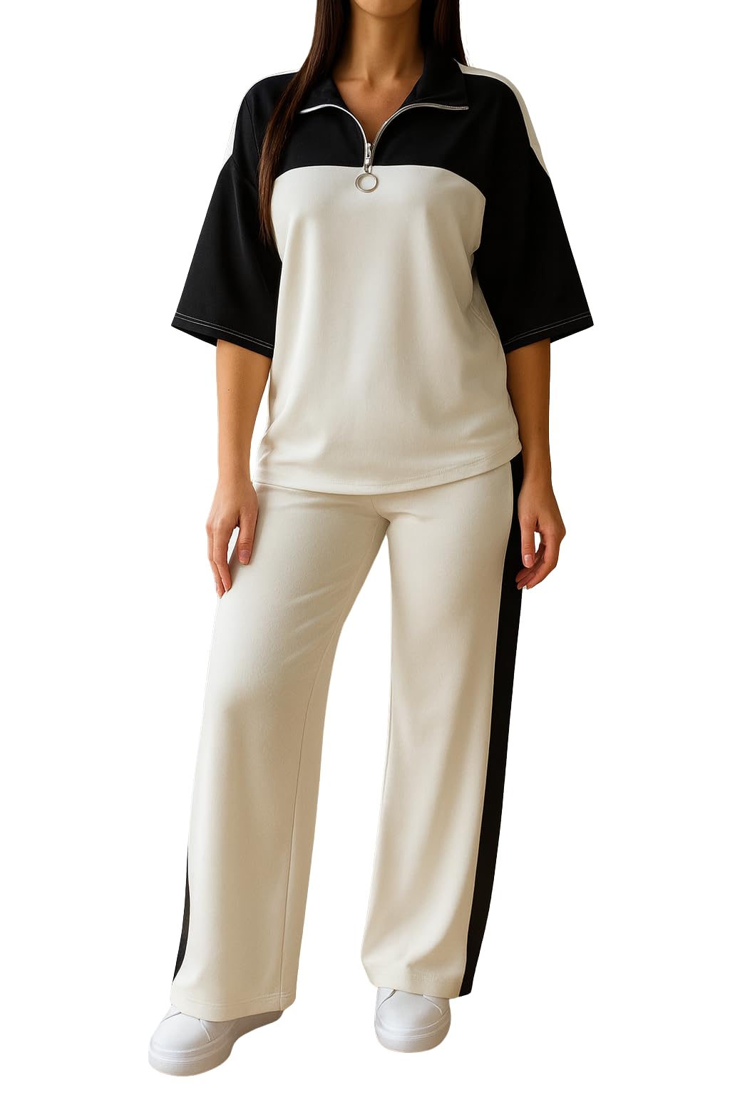 ziyan fashion Women Co-Ord Set Cotton Blend Lounge Wear for Women | Half Sleeve Zipper Top & Wide Leg Pants | Casual Nightwear Sleepwear Outfit | Stylish Relaxed Fit Track Suit for Ladies-picture-44