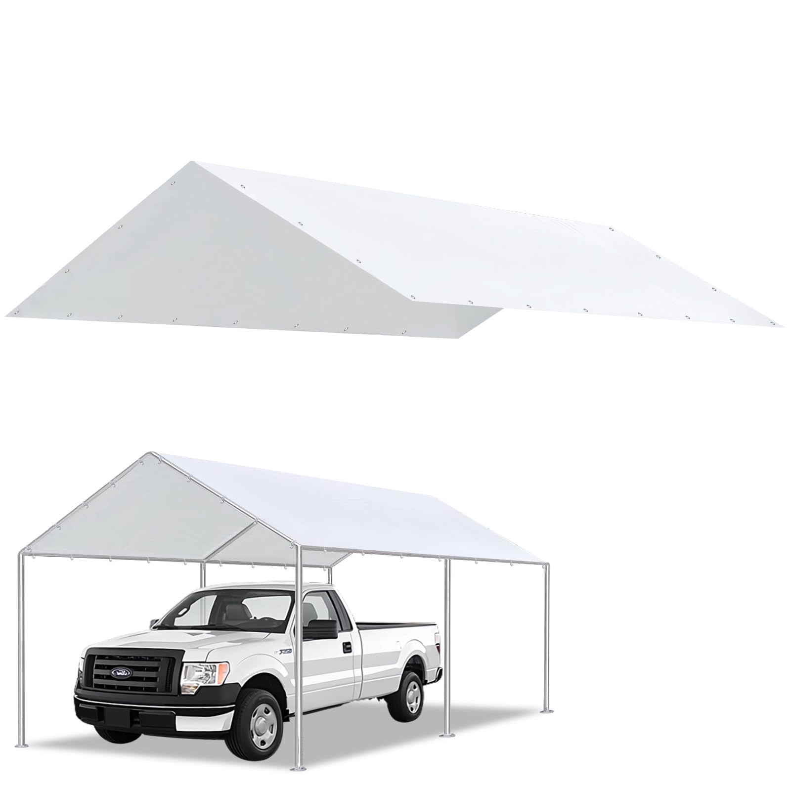 10 x 20 Ft Carport Replacement Canopy Cover Garage Top Tent Shelter Heavy Duty Waterproof UV & Tear Resistant Carport Cover Easy Assembly, White (Only Cover, Frame Not Include)