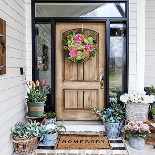 Spring Summer Wreath For Front Door Outside,Artificial Pink Peony And Hydrangea Flower Wreath,Farmhouse Door Wreath For Front Door Clearance,Unique Welcome Wreath Indoor Outdoor Wedding Décor-22Inch #TOP3