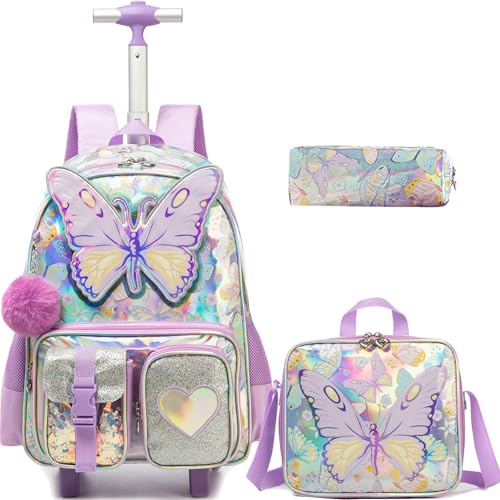 Meetbelify Rolling Backpack for Girls Backpack with Wheels for Elementary Student Kids School Bag with Lunch Box Pencil Case for Girls Ages 6-8 Years Old Purple