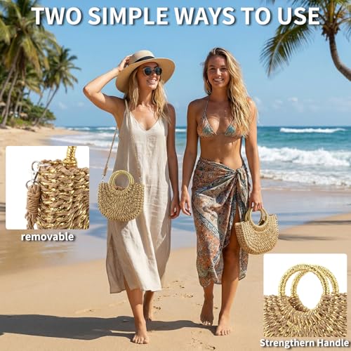 Image of Rattan Handmade Straw Tote Handbag Beach Shoulder Bag Summer Beach Rattan Bag Straw Bag