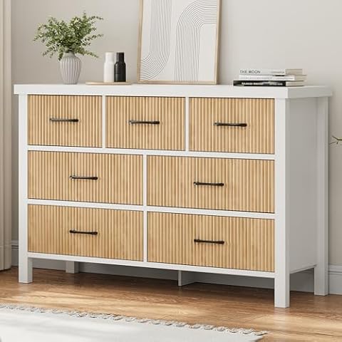 Jocoevol White Dresser 7 Drawer Dresser for Bedroom, Modern Fluted Dresser with Solid Wood Legs, Long Double Wooden Dresser Large Chest of Drawers for Living Room, Entryway, Hallway (Wood Fluted) Cover