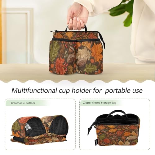 Image of Luggage Cup Holder for Suitcases Free Hands Suitcase Cup Holder Travel Luggage Drink Holder Portable Luggage Cup Caddy Bag Carrier with Handle Brown Maple Leaves Acorns Berries Branches