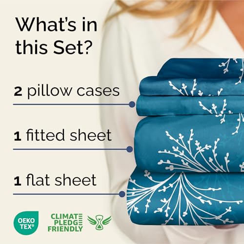 Image of Cal King 4 Piece Floral Sheet Set - Soft, Breathable & Cooling - Sea Spray | 1 Flat, 1 Fitted & 2 Pillowcases w / Deep Pockets, Boho Botanical Floral Bedding, Breathable & Cooling, Wrinkle & Fade Free