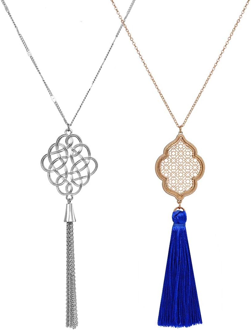 ALEXY 2Pcs Long Chain Pendant Necklace Set, Filigree Quatrefoil and Celtic Knot Pendant Tassel Y Necklaces for Women