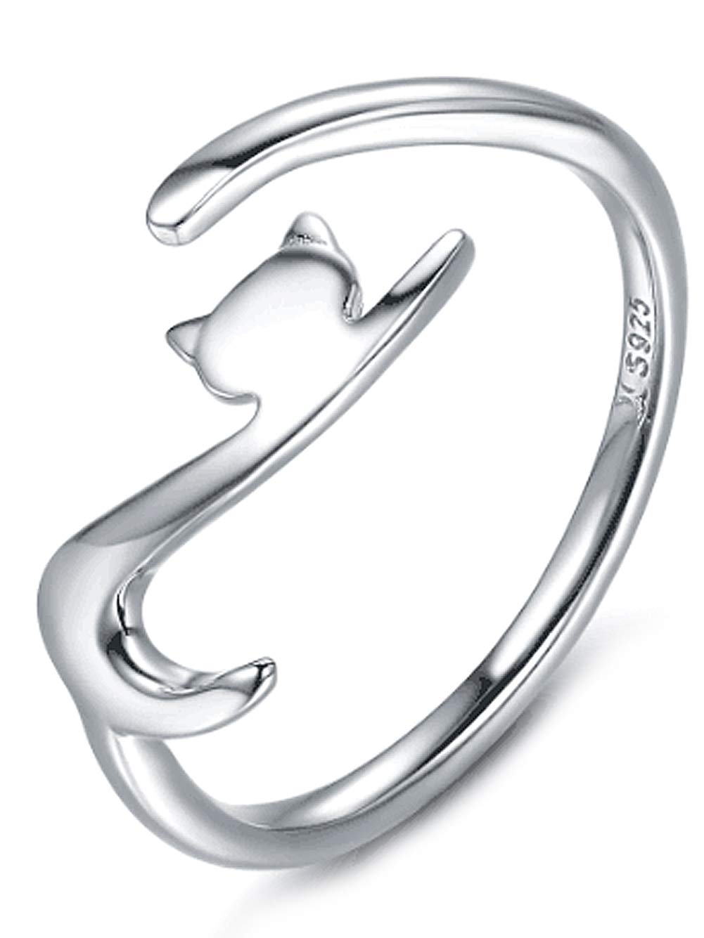 Qings Anillo de plata de ley 925 con diseño de gato, ajustable, bonito anillo de apertura de gatito, joyería novedosa para mujeres y niñas, Oro blanco Plata, Sin piedras preciosas