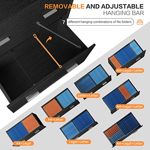 Raybee Filing Cabinet For Home Office Lateral File Cabinet With 2 Wood Drawers, Office Printer Stand With Lock Storage Cabinet For Letter, A4, Legal Size File Folders, 15.8"D X 31.5"W X 40.6"H, Black #TOP2
