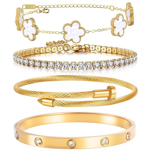 18K Gold Plated Stackable Floral Gold Love Bangle Bracelets For women Non Tarnish, Gold Bracelet Set Trendy Jewelry,Christmas Valentines Birthday Gifts for Women's Day and Mother's Day