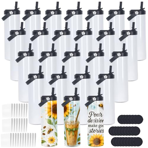 oaptuza 20 Oz Sublimation Tumblers Bulk Skinny Straight, 25 Pack Sublimation Sport Water Bottles Blanks with Portable Handle, Double Wall Stainless Steel Tumbler Cup for Heat Transfer, Individual Box