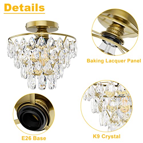 Aoceley Modern Gold Crystal Chandelier,Gold Semi Flush Mount Crystal Ceiling Light,Dimmable Chandeliers Ceiling Light For Hallway,Bedrom,Dining Room,Entryway,E26 Base #TOP3