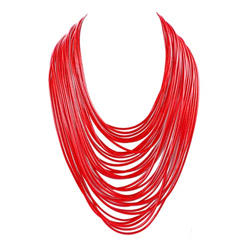 Yuhuan Necklace Women Fashion Bib Choker 36 Layers Wax Line Collar Statement Jewelry (Red)