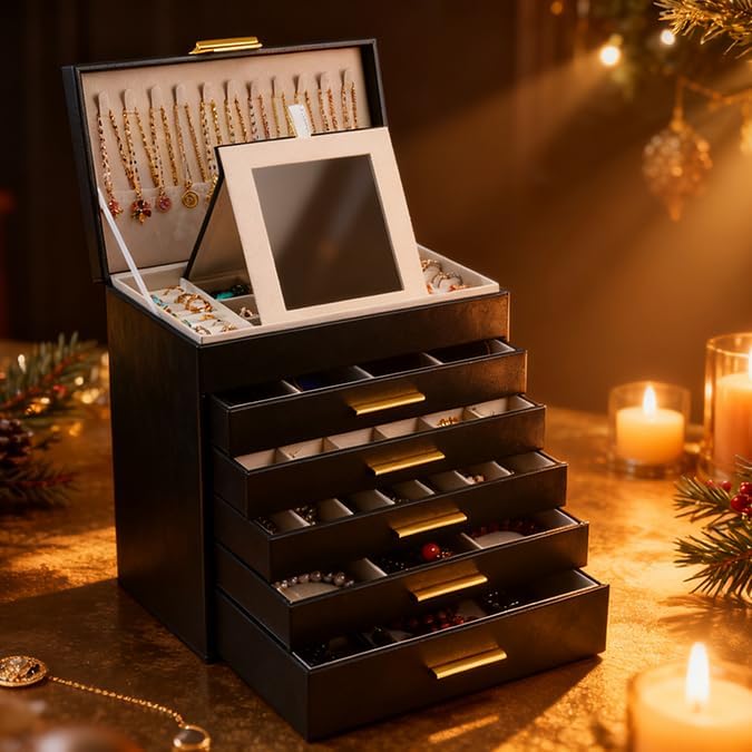BOOVO Jewelry Box with Necklace Hanger – Jewelry Organizer for Women with 5 Drawers, Large Jewelry Storage Boxes –Jewelry Organizers and Storage for Earrings, Necklaces (Black, 6 layer) - Image 7