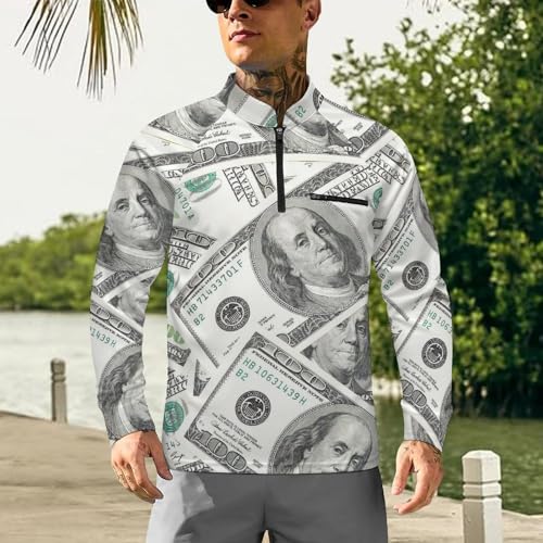 100 Dollars Money Men's Rash Guard Long Sleeves Quick Dry Fishing Workout Shirts with Zipper2