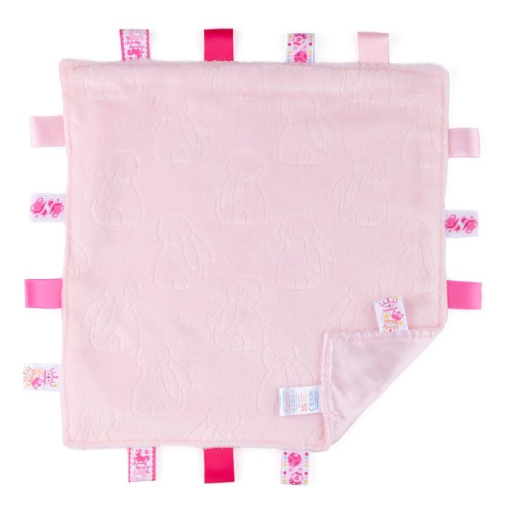 Mayra Hosiery Soft-Touch | Newborn Baby Taggy Blanket Comforter | Embossed Sensory Tags & Ribbons | Soft Flannel Back 35 x 35cm | 100% Polyester (Pink)
