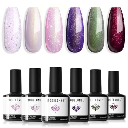 Modelones Esmaltes Semipermanentes para Uñas en Gel,6 Colores Kit Pintauñas Semipermanentes Uñas de Gel UV LED en Gel Nail Polish Esmalte Uñas para Manicura,Purpurina Blanco Rosa Morado Gris Marrón