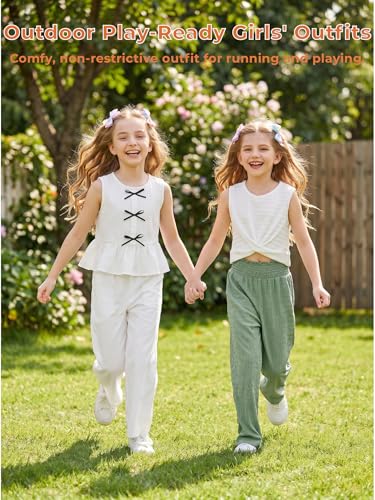 Image of Girls' Clothing Sets Sleeveless Bow Crop Top Wide Leg Linen Pants 2026 Summer Outfits Cute Kids Clothes