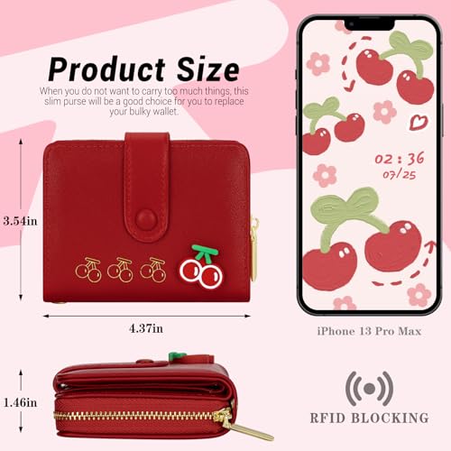 Image of YINHEXI Wallet Women, RFID Blocking Small Compact Trifold PU Leather Card Holder Purse with Coin Pocket & ID Window for Ladies, Ladies, Teens, and Girls (Cherry Red-02)