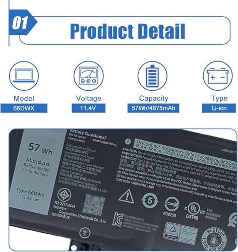 Image of 57Wh 66DWX Laptop Battery Replace for Dell Latitude 7340 7350 7440 7450 7640 7650 Series WW8N8 086D0Y 86D0Y 00HYH8 0HYH8 11.4V 4878mAh