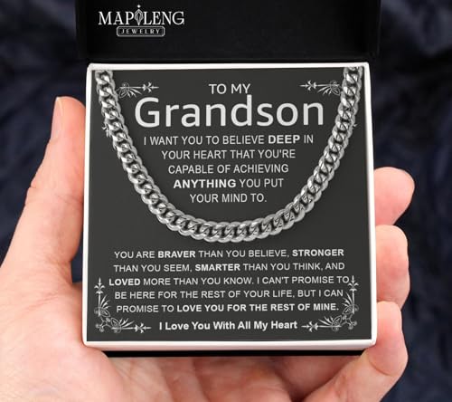 To My Grandson Cuban Chain Necklace, Cuban Link Men Chain Gifts For Grandson, Stainless Steel Chain Birthday Christmas Jewelry Gifts For Grandson With Message Card And Box4