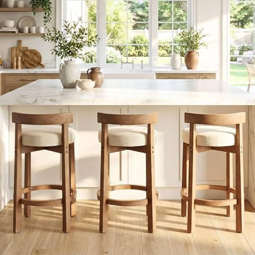 Image of CIMOTA 26.5 inch Counter Height Bar Stool, Mid Century Modern Low Back Bar Chair with Solid Wood Legs & Linen Upholstered Seat, Kitchen Island Stool, Beige (Single)