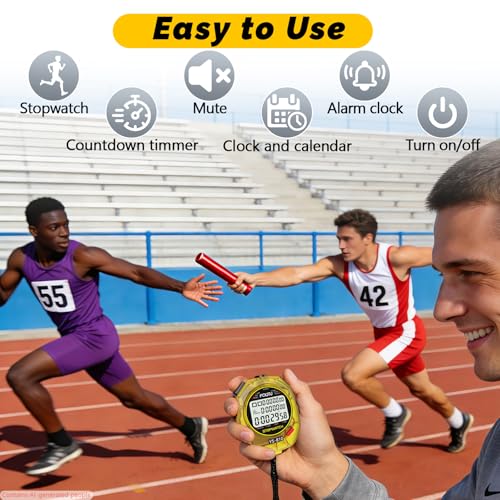 Image of Sports Stopwatch Timer, 10 Lap /Split Memory Digital Stopwatch Countdown Timer with 12 /24 Hour Clock Alarm On /Off, Calendar 3-Row Extra Large Screen Lanyard for P.E Coach and Referees (Yellow)