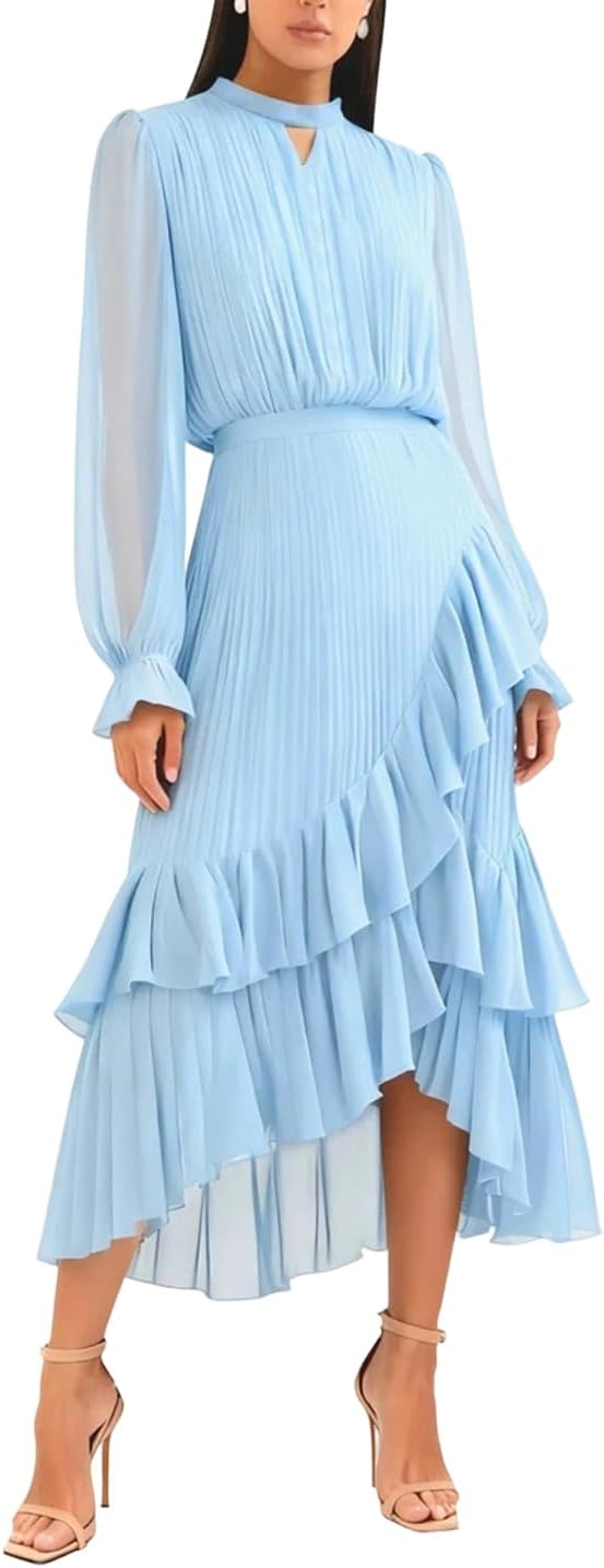 Women's Solid Color Chiffon Elegant Pleated Long Sleeved Irregular Ruffle A-line Slim fit Dance Dress