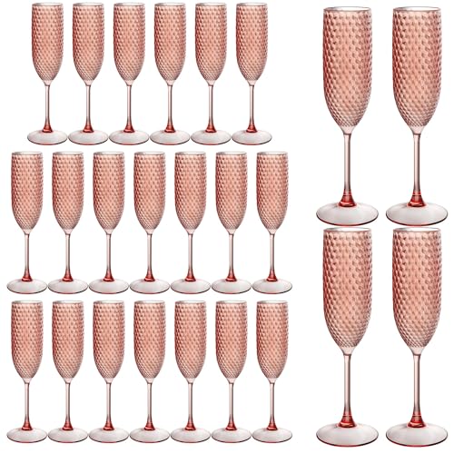 LEYIQU Plastic Champagne Flutes 7oz Unbreakable Champagne Glasses Bulk Reusable Crystal Vintage Drinking Wine Glasses for Wedding Party Bridal Shower (24 Rose Gold)