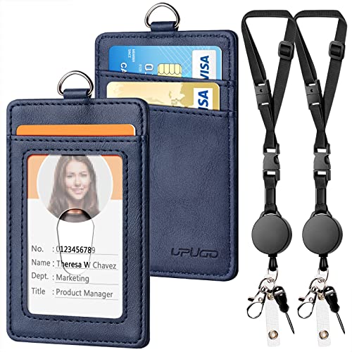 2 Pack Leather Badge Holder And Adjustable Retractable Lanyards, Quick Release Buckle And Safety Breakaway Lanyards With Swivel Metal Clasp For Offices, Staff, Students, Employees, Royal Blue #TOP22