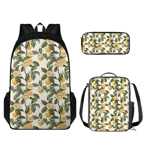 Bambini 3Pcs Zaino Set Scuola Bag con Pranzo Tote Pouch+Matita Organizer Frutta di limone. Set di zaini per la scuola