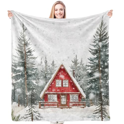 HIWX Christmas Throw Blanket Winter Holiday Throw Blanket Snowy Farmhouse Winter Christmas Tree Throw Blanket for Couch Sofa Bed Christmas Living Room Bedroom Decor 50×60 Inches