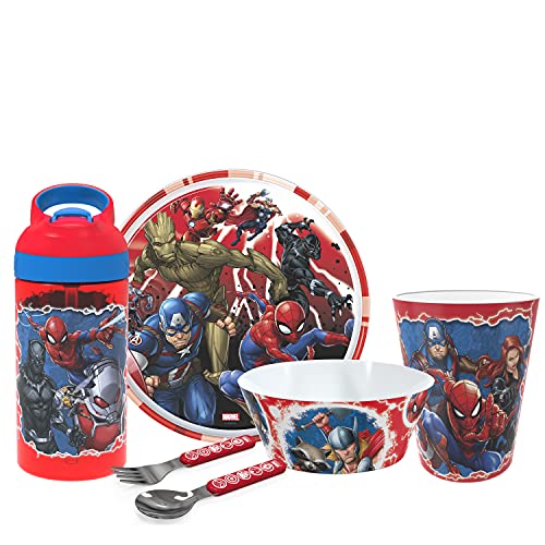 Zak Designs Disney Dinnerware Set Includes Plate, Bowl, Tumbler, Water Bottle, and Flatware BPA-Free Made of Durable Melamine Material and Perfect for Kids, 6pc Gift, Marvel Universe-6pcs