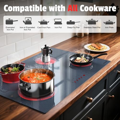 Image of 30 Inch Electric Cooktop - 4 Burner Built-in Electric Stove 30In 6600W, Radiant Ceramic Stove with Dual Zone, Metal Frame, Child Lock, Timer, 220V Hard Wired, Satin Grey