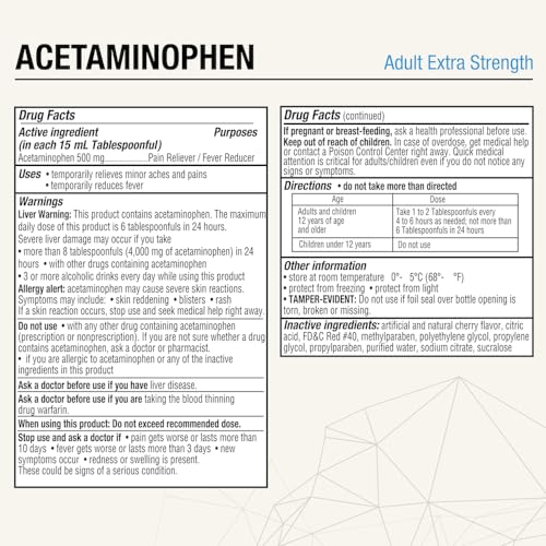 Puregen Labs Adult Extra Strength Acetaminophen Liquid 500mg/15ml - 8 fl oz Rapid Burst Pain Reliever/Fever Reducer, Cherry Flavor | Muscle & Joint Pain Relief | Arthritis Pain Relief